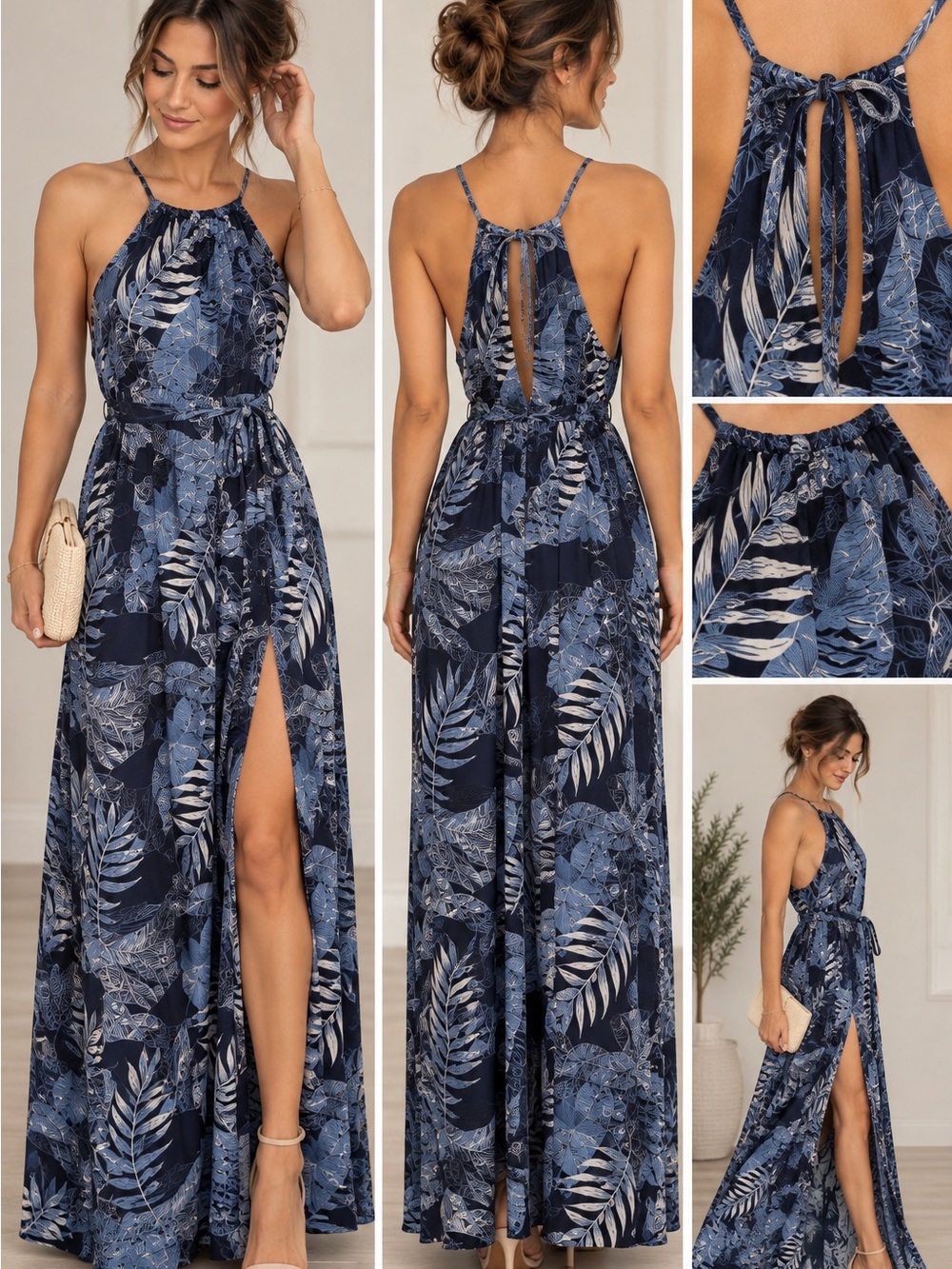 Blue Tropical Halter Maxi Dress with Side Slit